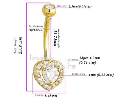 Jewelry Avalanche Women's 14K Gold Halo Heart 14G Belly Button Ring with 0.50cttw Moissanite