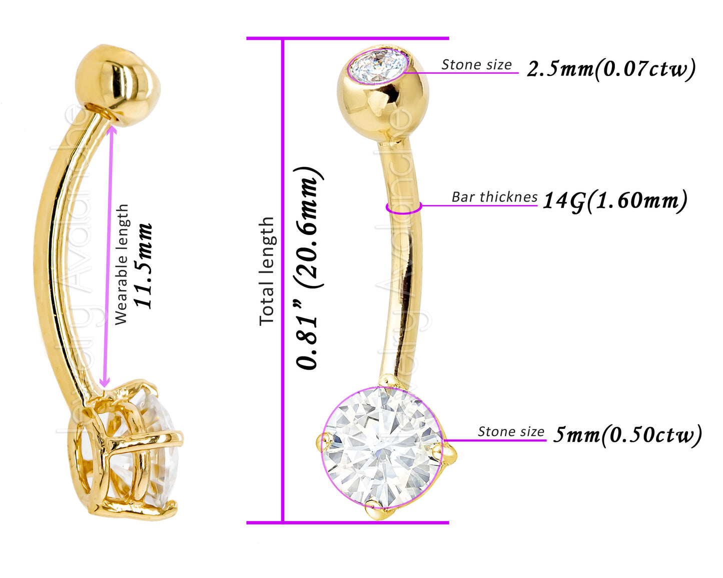 Jewelry Avalanche 14K Gold Belly Button Ring 0.57 ctw. Moissanite 14G Barbell Navel Ring