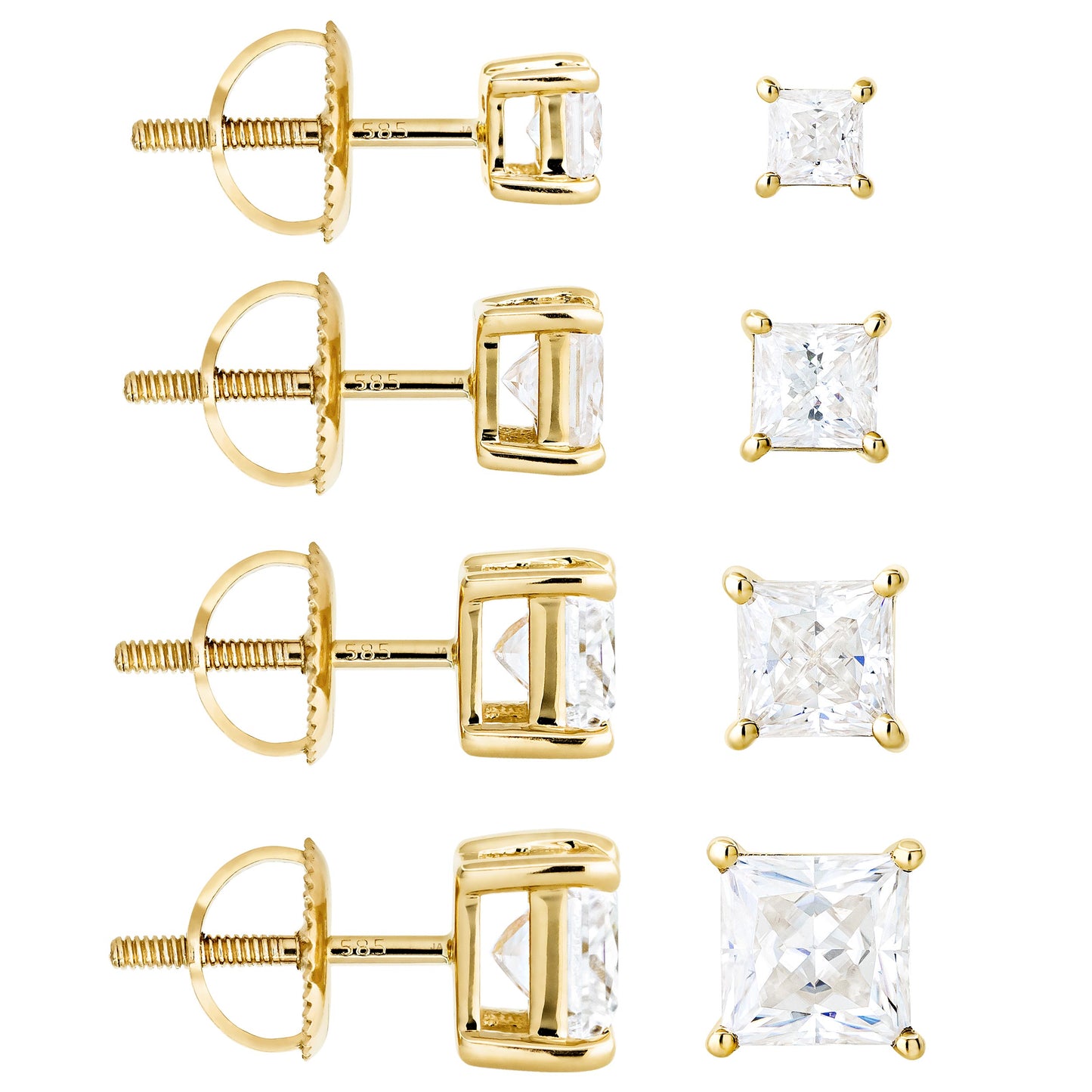 Jewelry Avalanche 14K Gold Princess Cut Moissanite Solitaire Stud Earrings