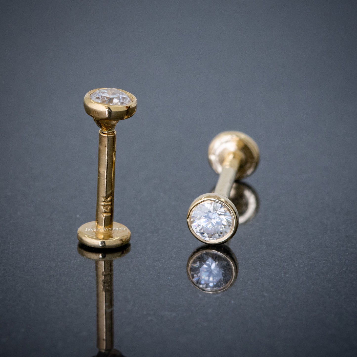 Jewelry Avalanche Unisex 14K Gold Bezel Set 3mm Moissanite Labret Studs, Monroe, Lip Ring, 16G