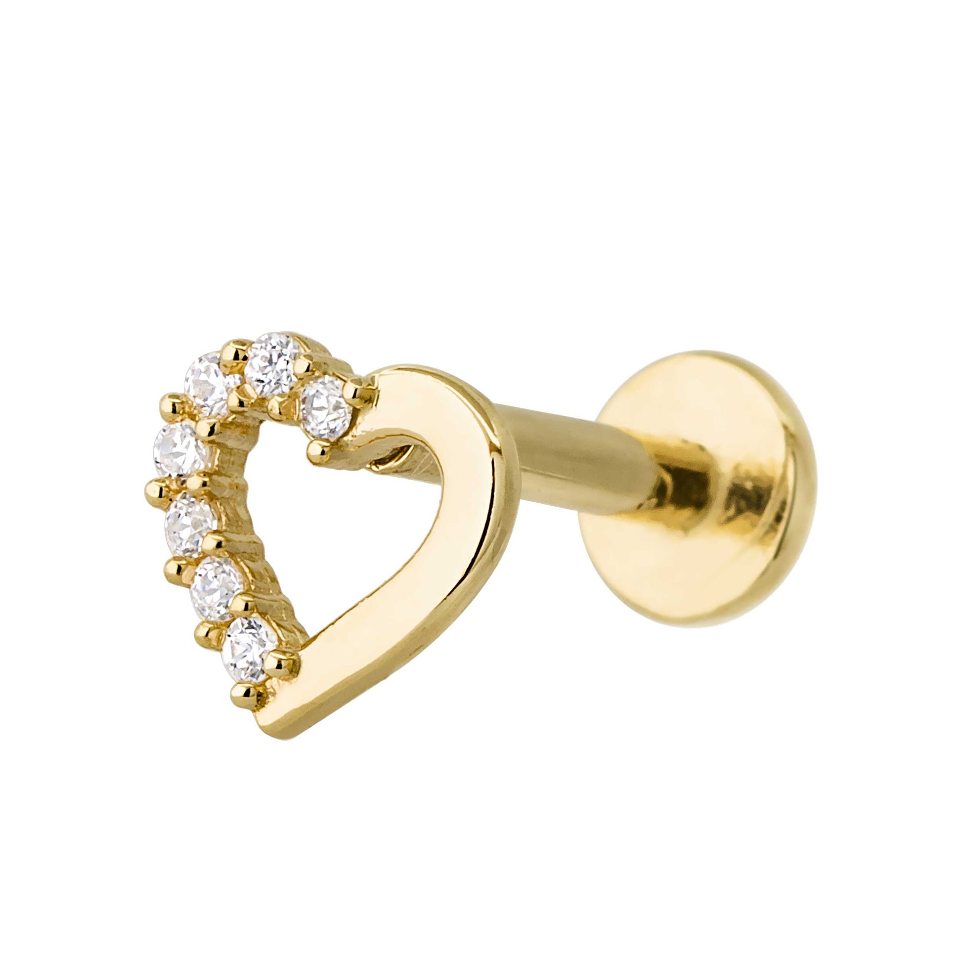Gold heart-shaped helix stud with embedded diamonds on a white background