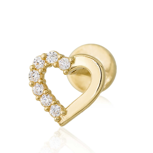 Jewelry Avalanche Solid 14K Gold Half CZ Heart-shape Labret Stud, Helix, Tragus, 8mm Post, Internally Threaded, Flat Back, Valentine's Day gift