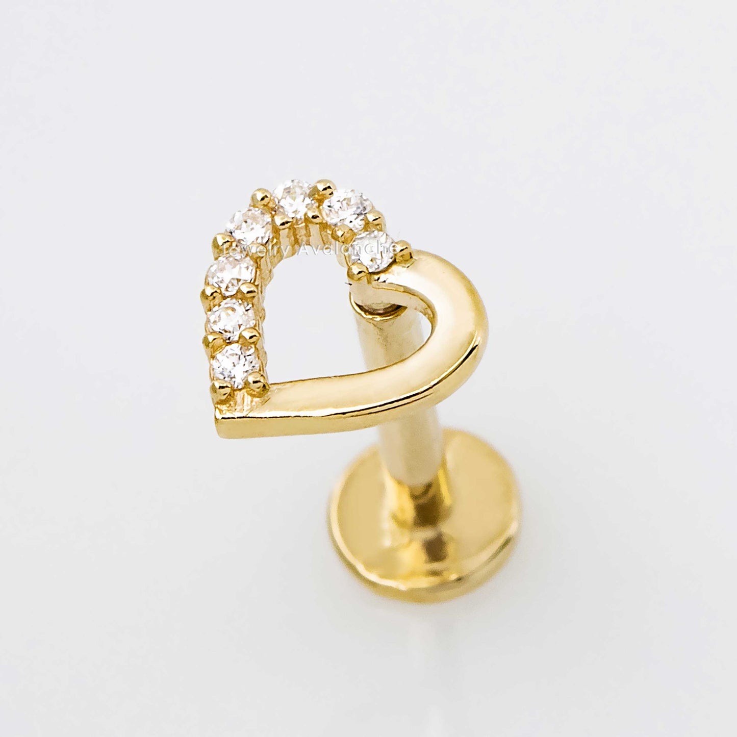 Jewelry Avalanche Solid 14K Gold Half CZ Heart-shape Labret Stud, Helix, Tragus, 8mm Post, Internally Threaded, Flat Back, Valentine's Day gift