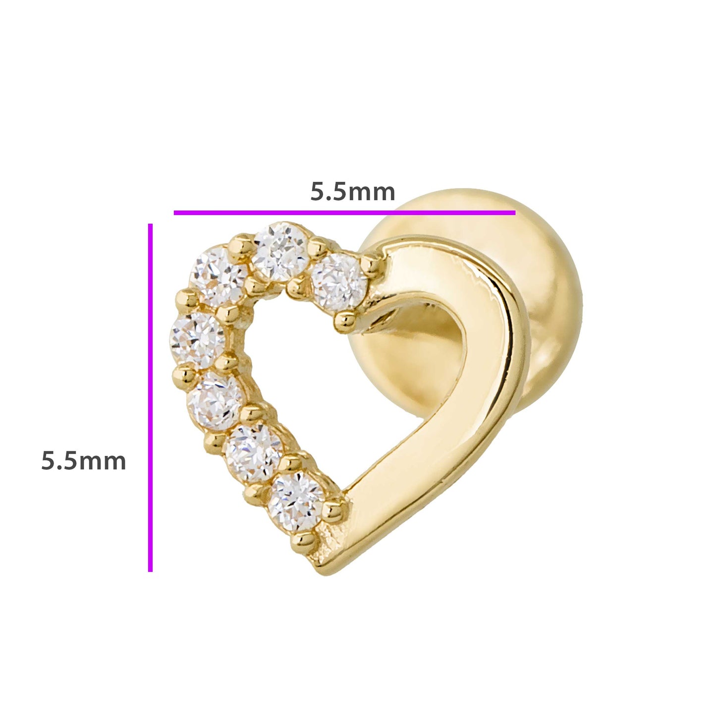 Jewelry Avalanche Solid 14K Gold Half CZ Heart-shape Labret Stud, Helix, Tragus, 8mm Post, Internally Threaded, Flat Back, Valentine's Day gift