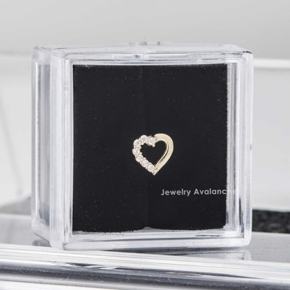 Jewelry Avalanche Solid 14K Gold Half CZ Heart-shape Labret Stud, Helix, Tragus, 8mm Post, Internally Threaded, Flat Back, Valentine's Day gift