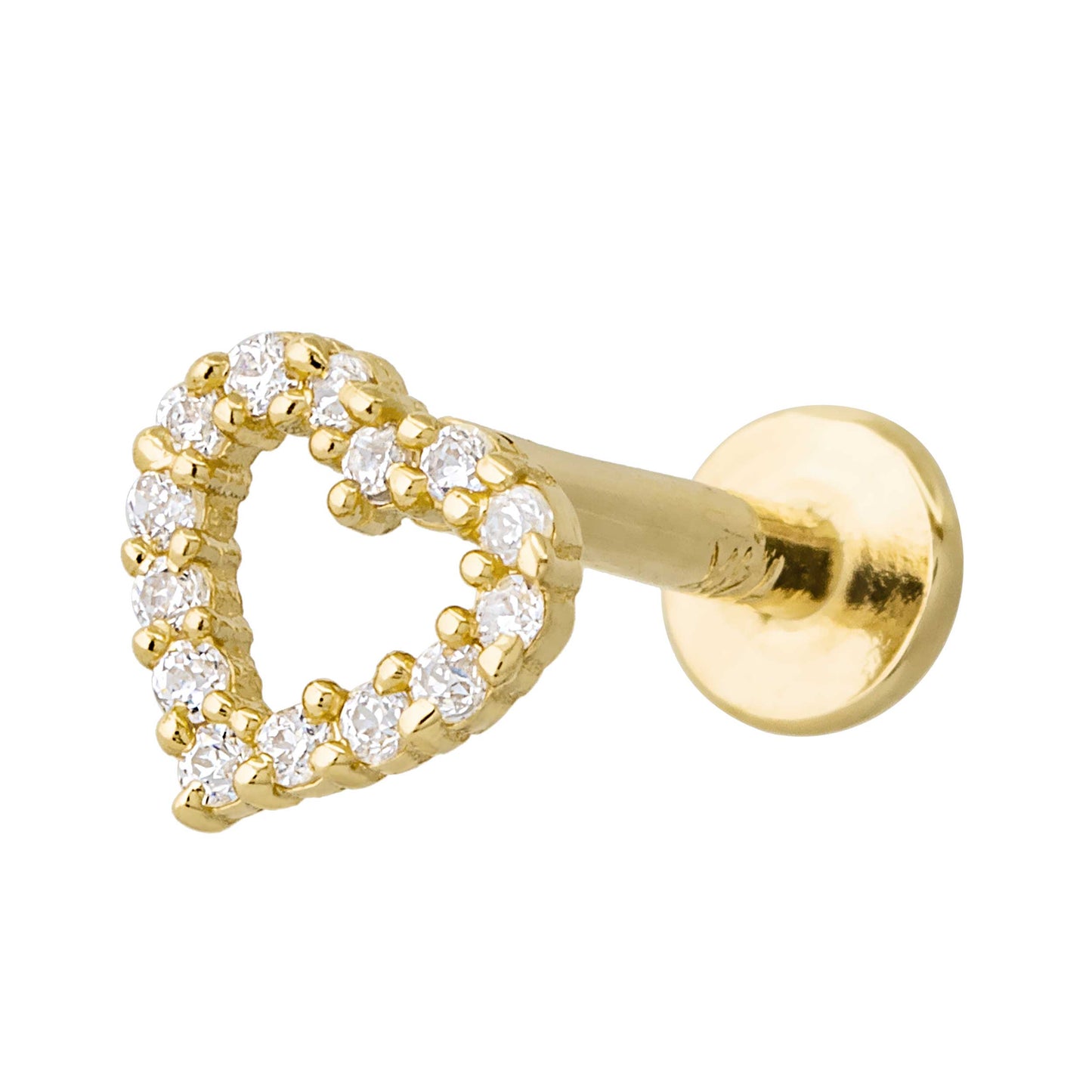 Gold heart-shaped labret stud with clear gemstones on a white background