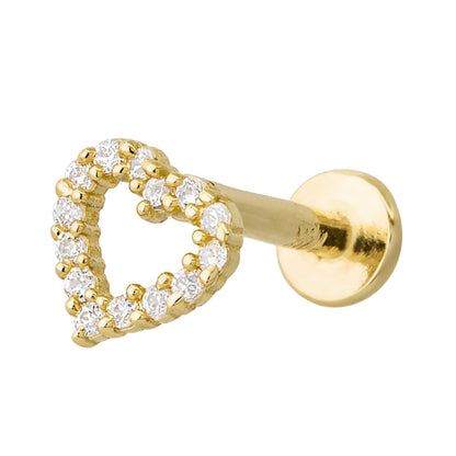 Gold heart-shaped labret stud with clear gemstones on a white background