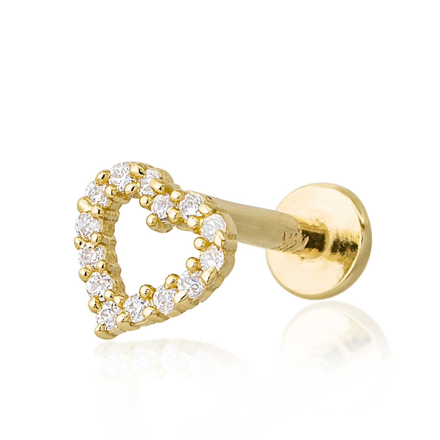 Jewelry Avalanche Solid 14K Gold Full CZ Heart-shape Labret Stud, Helix, Tragus, 8mm Post, Internally Threaded, Flat Back, Valentine's Day gift