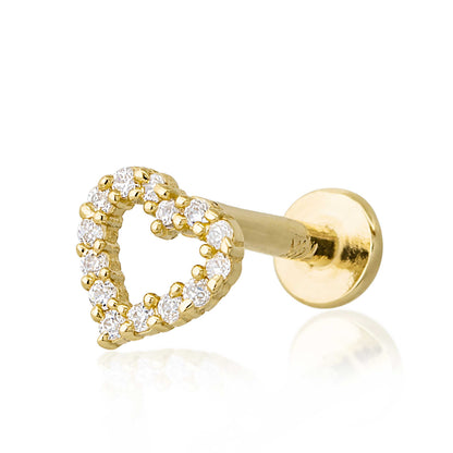 Jewelry Avalanche Solid 14K Gold Full CZ Heart-shape Labret Stud, Helix, Tragus, 8mm Post, Internally Threaded, Flat Back, Valentine's Day gift