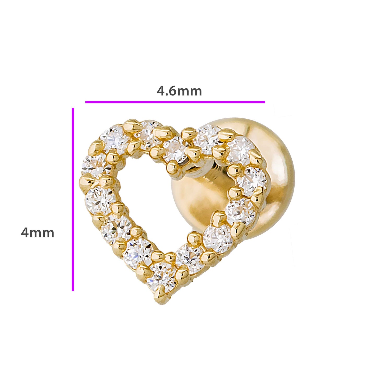 Jewelry Avalanche Solid 14K Gold Full CZ Heart-shape Labret Stud, Helix, Tragus, 8mm Post, Internally Threaded, Flat Back, Valentine's Day gift
