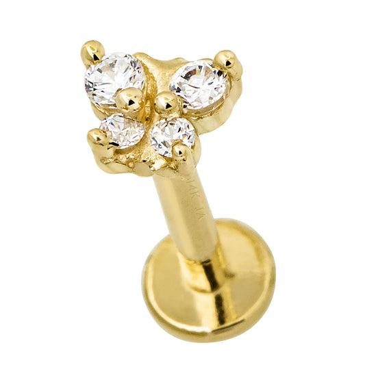 Jewelry Avalanche Solid 14K Gold CZ Butterfly Labret Stud, Helix, Tragus, 8mm Post, Internally Threaded, Flat Back