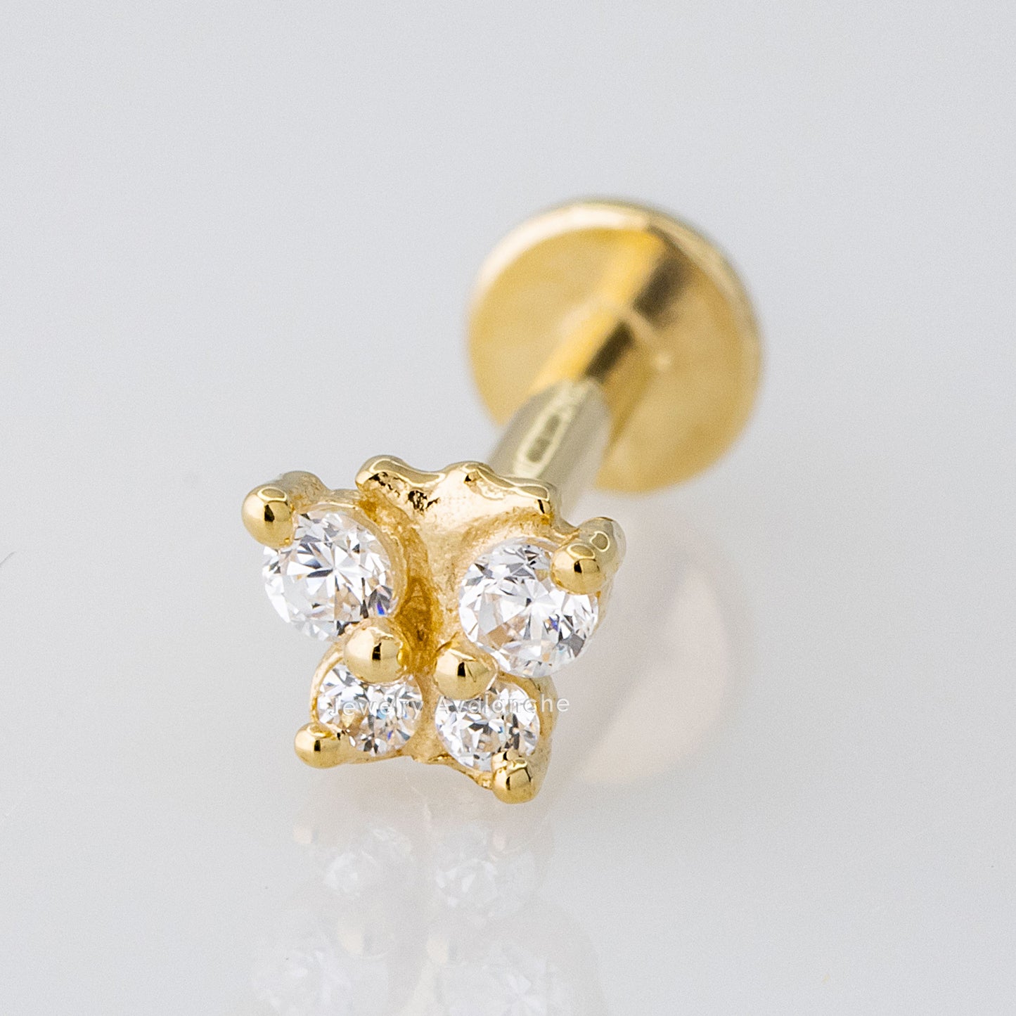 Jewelry Avalanche Solid 14K Gold CZ Butterfly Labret Stud, Helix, Tragus, 8mm Post, Internally Threaded, Flat Back