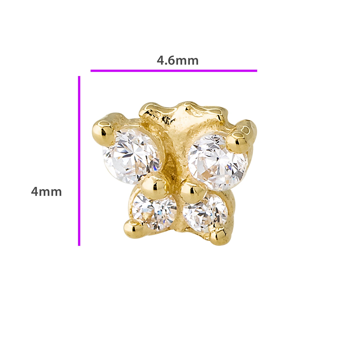 Jewelry Avalanche Solid 14K Gold CZ Butterfly Labret Stud, Helix, Tragus, 8mm Post, Internally Threaded, Flat Back
