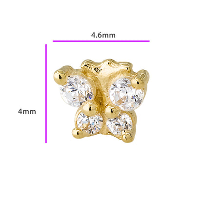 Jewelry Avalanche Solid 14K Gold CZ Butterfly Labret Stud, Helix, Tragus, 8mm Post, Internally Threaded, Flat Back