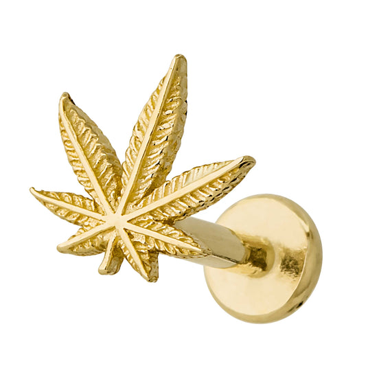 Jewelry Avalanche Solid 14K Gold Marijuana Leaf Labret Stud, Helix, Tragus, 8mm Post, Internally Threaded, Flat Back,