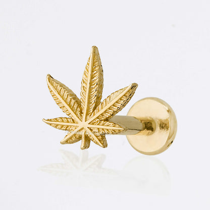 Jewelry Avalanche Solid 14K Gold Marijuana Leaf Labret Stud, Helix, Tragus, 8mm Post, Internally Threaded, Flat Back,