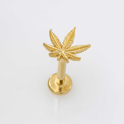 Jewelry Avalanche Solid 14K Gold Marijuana Leaf Labret Stud, Helix, Tragus, 8mm Post, Internally Threaded, Flat Back,
