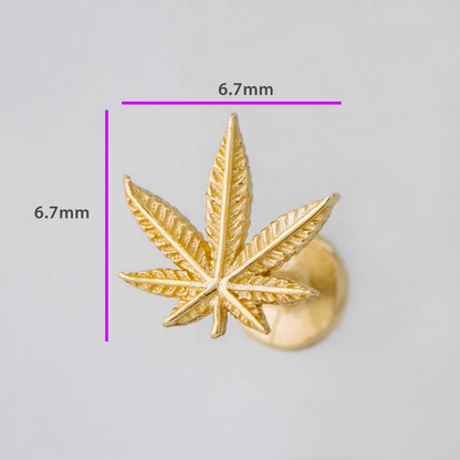 Jewelry Avalanche Solid 14K Gold Marijuana Leaf Labret Stud, Helix, Tragus, 8mm Post, Internally Threaded, Flat Back,