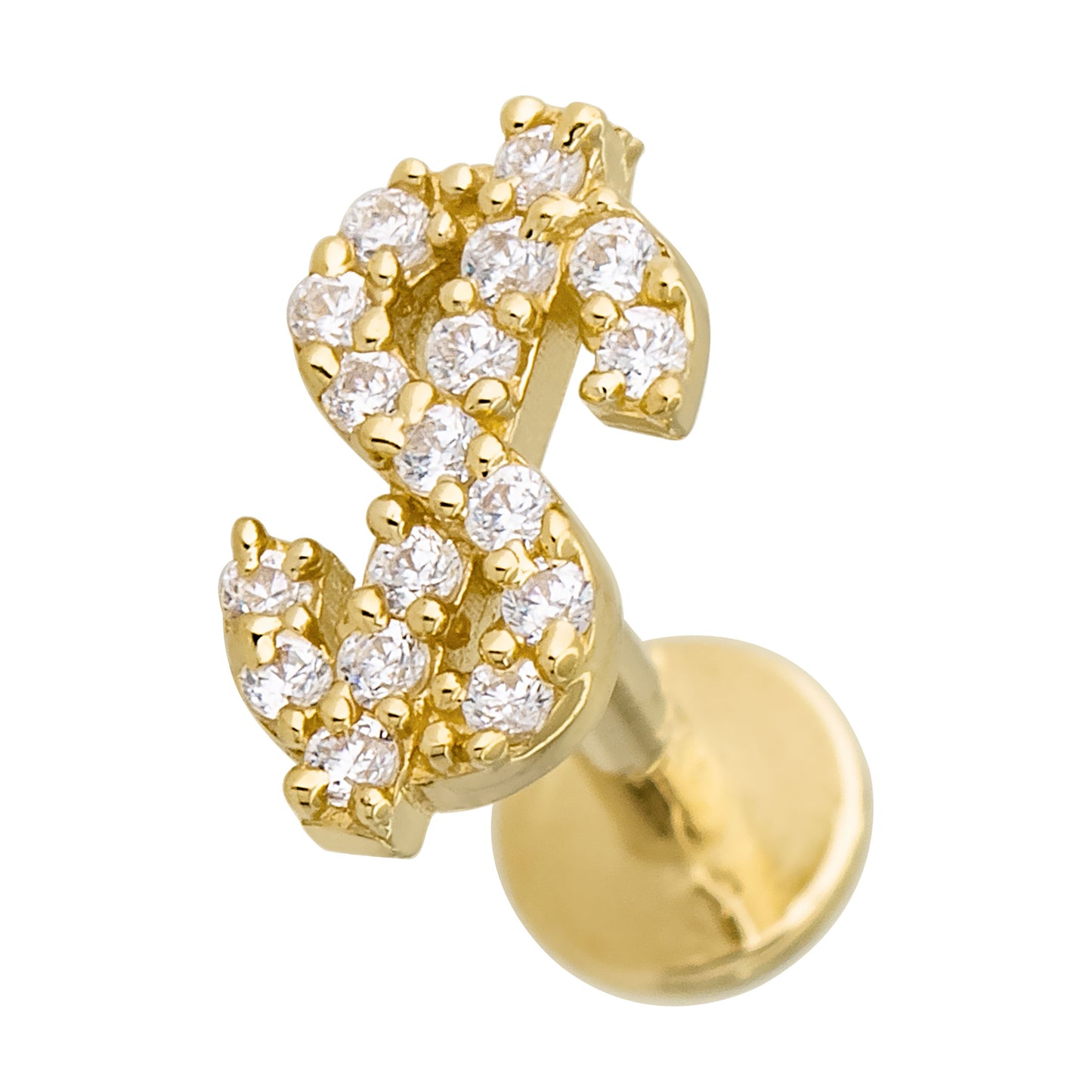 Jewelry Avalanche Solid 14K Gold Dollar Sign Labret Stud, Helix, Tragus, 8mm Post, Internally Threaded, Flat Back, CZ Accent