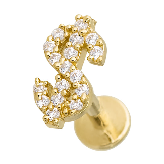 Jewelry Avalanche Solid 14K Gold Dollar Sign Labret Stud, Helix, Tragus, 8mm Post, Internally Threaded, Flat Back, CZ Accent