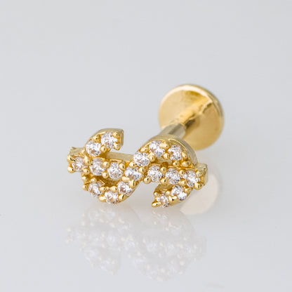 Jewelry Avalanche Solid 14K Gold Dollar Sign Labret Stud, Helix, Tragus, 8mm Post, Internally Threaded, Flat Back, CZ Accent