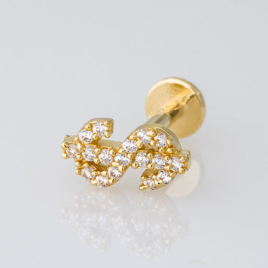 Jewelry Avalanche Solid 14K Gold Dollar Sign Labret Stud, Helix, Tragus, 8mm Post, Internally Threaded, Flat Back, CZ Accent