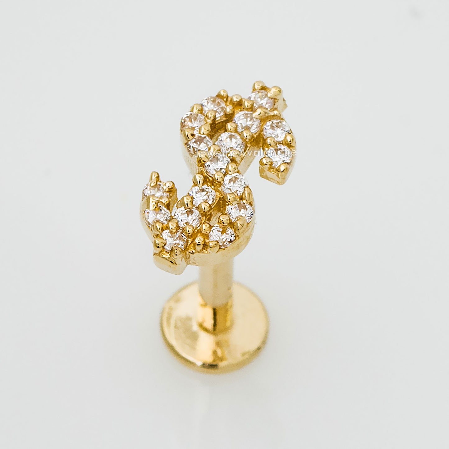 Jewelry Avalanche Solid 14K Gold Dollar Sign Labret Stud, Helix, Tragus, 8mm Post, Internally Threaded, Flat Back, CZ Accent