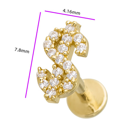 Jewelry Avalanche Solid 14K Gold Dollar Sign Labret Stud, Helix, Tragus, 8mm Post, Internally Threaded, Flat Back, CZ Accent