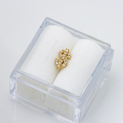 Jewelry Avalanche Solid 14K Gold Dollar Sign Labret Stud, Helix, Tragus, 8mm Post, Internally Threaded, Flat Back, CZ Accent
