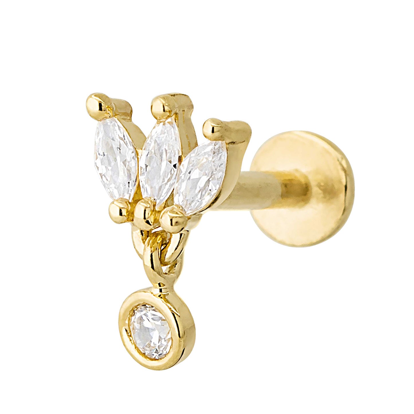 Jewelry Avalanche Solid 14K Gold 3-Petal Marquise-shape with Dangle Bezel-set CZ Labret Stud, Helix, Tragus, 8mm Post, Internally Threaded, Flat Back