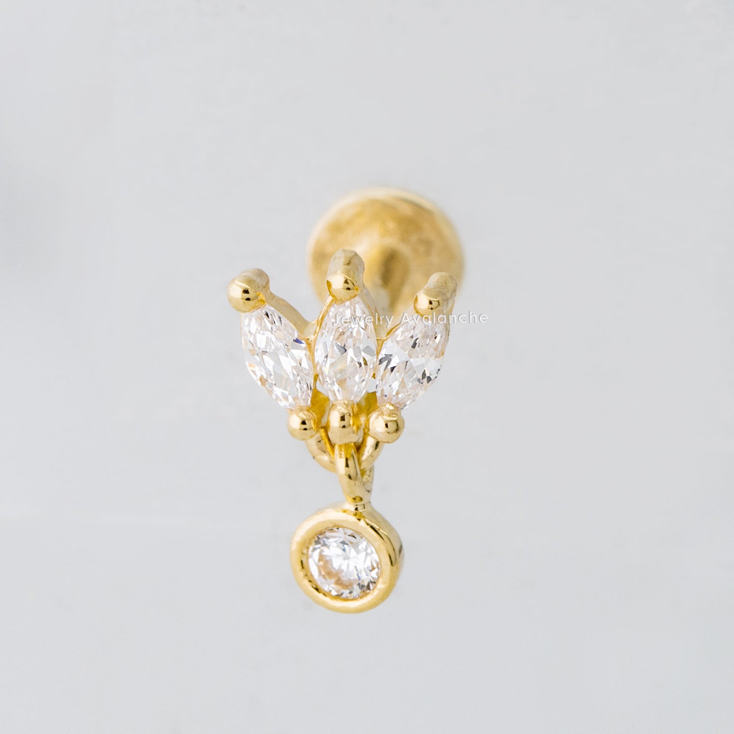 Jewelry Avalanche Solid 14K Gold 3-Petal Marquise-shape with Dangle Bezel-set CZ Labret Stud, Helix, Tragus, 8mm Post, Internally Threaded, Flat Back
