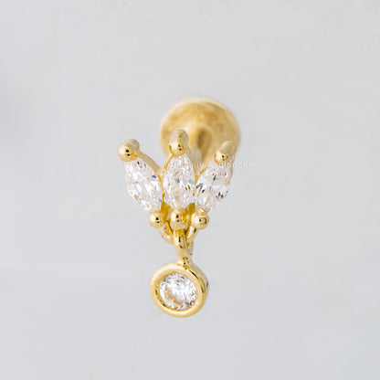 Jewelry Avalanche Solid 14K Gold 3-Petal Marquise-shape with Dangle Bezel-set CZ Labret Stud, Helix, Tragus, 8mm Post, Internally Threaded, Flat Back