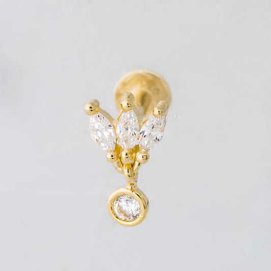 Jewelry Avalanche Solid 14K Gold 3-Petal Marquise-shape with Dangle Bezel-set CZ Labret Stud, Helix, Tragus, 8mm Post, Internally Threaded, Flat Back