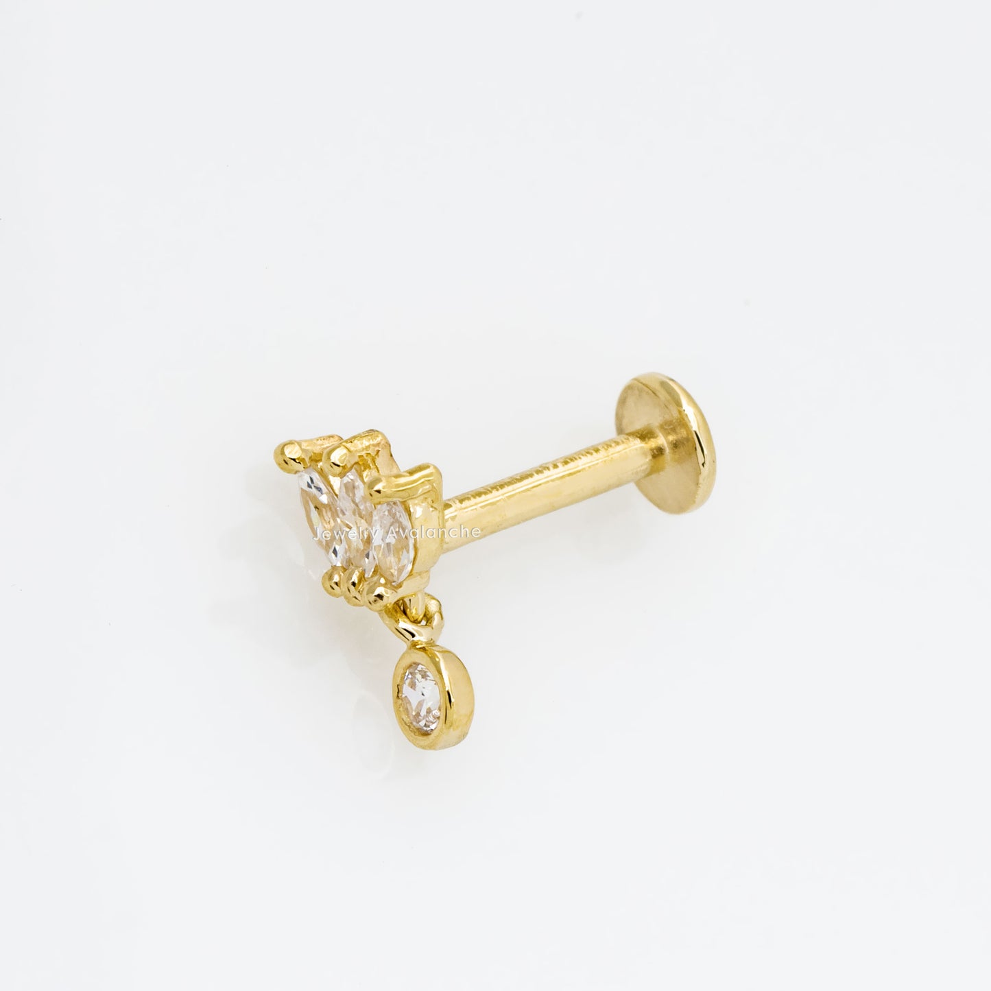 Jewelry Avalanche Solid 14K Gold 3-Petal Marquise-shape with Dangle Bezel-set CZ Labret Stud, Helix, Tragus, 8mm Post, Internally Threaded, Flat Back