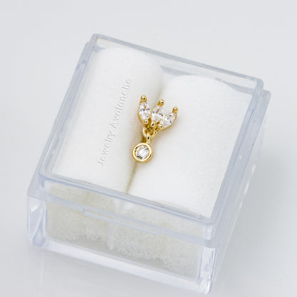 Jewelry Avalanche Solid 14K Gold 3-Petal Marquise-shape with Dangle Bezel-set CZ Labret Stud, Helix, Tragus, 8mm Post, Internally Threaded, Flat Back