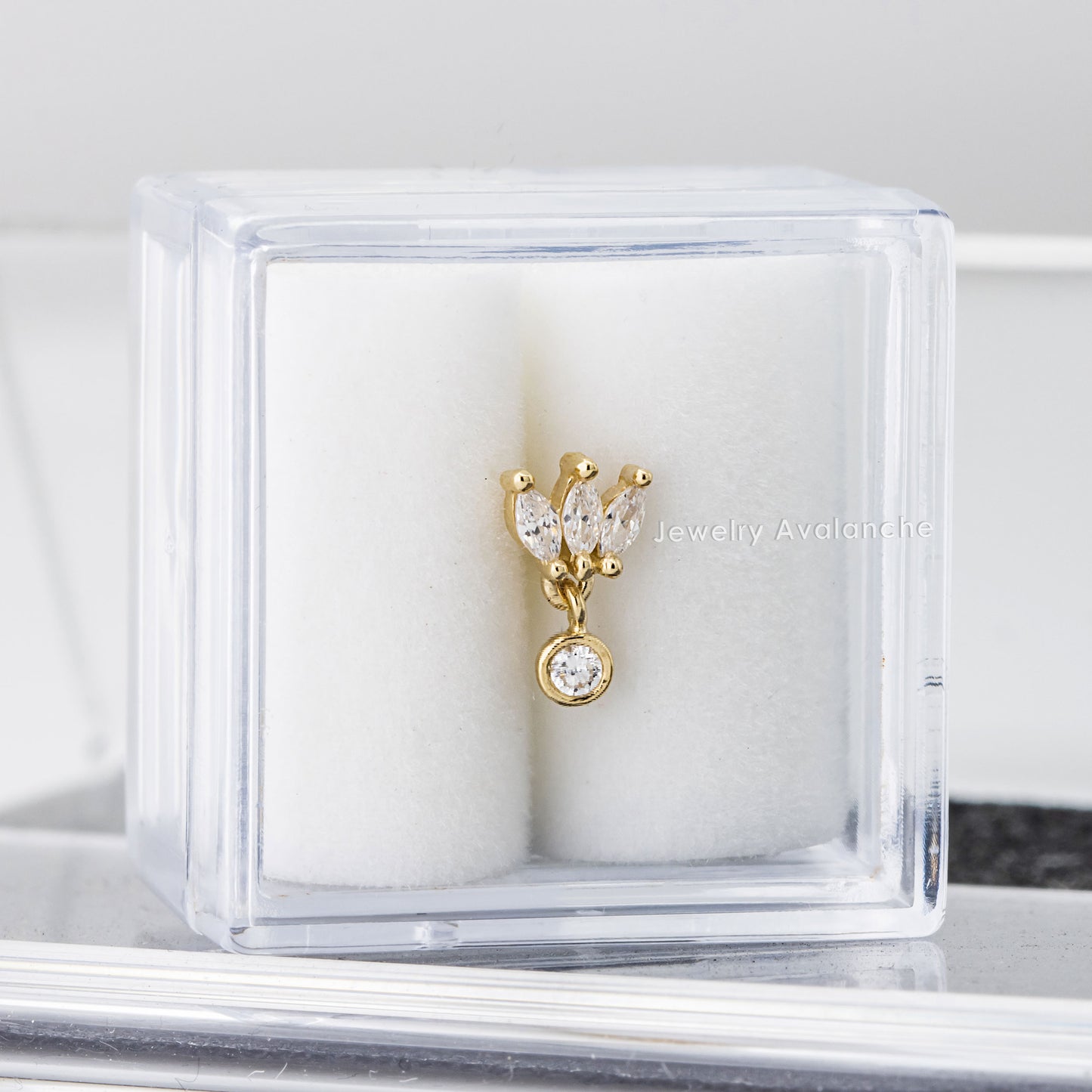 Jewelry Avalanche Solid 14K Gold 3-Petal Marquise-shape with Dangle Bezel-set CZ Labret Stud, Helix, Tragus, 8mm Post, Internally Threaded, Flat Back