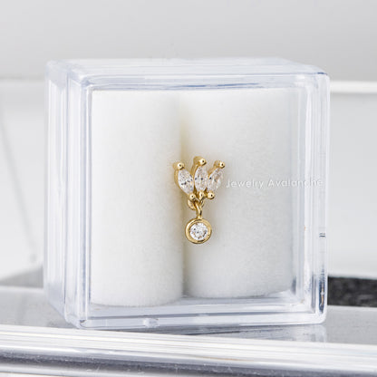 Jewelry Avalanche Solid 14K Gold 3-Petal Marquise-shape with Dangle Bezel-set CZ Labret Stud, Helix, Tragus, 8mm Post, Internally Threaded, Flat Back