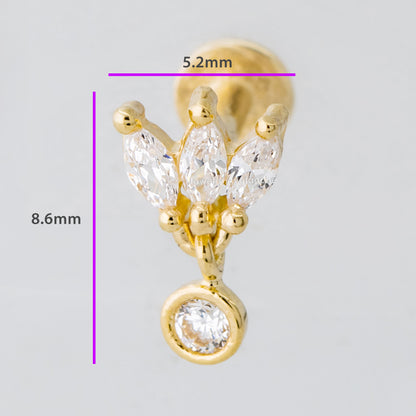 Jewelry Avalanche Solid 14K Gold 3-Petal Marquise-shape with Dangle Bezel-set CZ Labret Stud, Helix, Tragus, 8mm Post, Internally Threaded, Flat Back