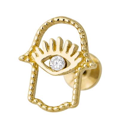Jewelry Avalanche Solid 14K Gold Hallow Hamsa Labret Stud, Helix, Tragus, 8mm Post, Internally Threaded, Flat Back