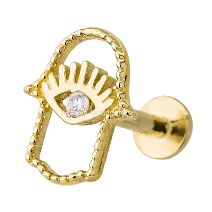 Jewelry Avalanche Solid 14K Gold Hallow Hamsa Labret Stud, Helix, Tragus, 8mm Post, Internally Threaded, Flat Back