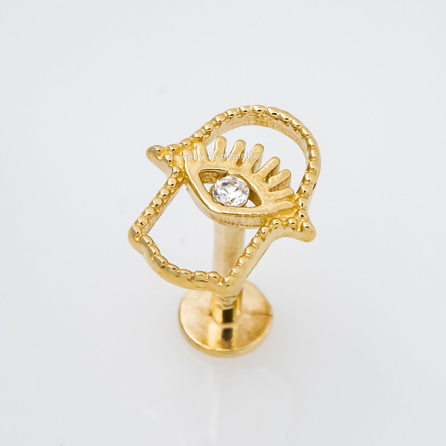 Jewelry Avalanche Solid 14K Gold Hallow Hamsa Labret Stud, Helix, Tragus, 8mm Post, Internally Threaded, Flat Back