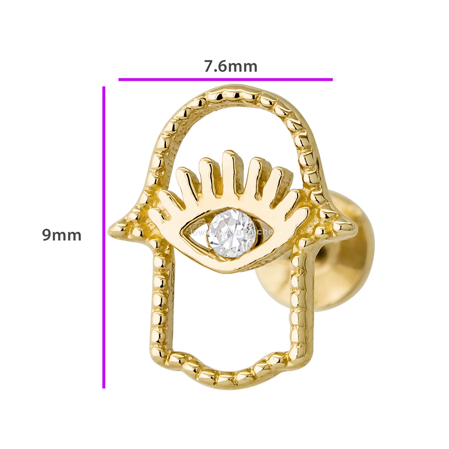 Jewelry Avalanche Solid 14K Gold Hallow Hamsa Labret Stud, Helix, Tragus, 8mm Post, Internally Threaded, Flat Back