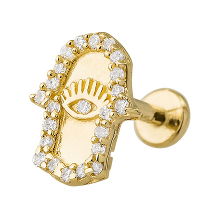 Jewelry Avalanche Solid 14K Gold Hamsa Hand Labret Stud, Helix, Tragus, 8mm Post, Internally Threaded, Flat Back