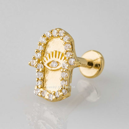 Jewelry Avalanche Solid 14K Gold Hamsa Hand Labret Stud, Helix, Tragus, 8mm Post, Internally Threaded, Flat Back