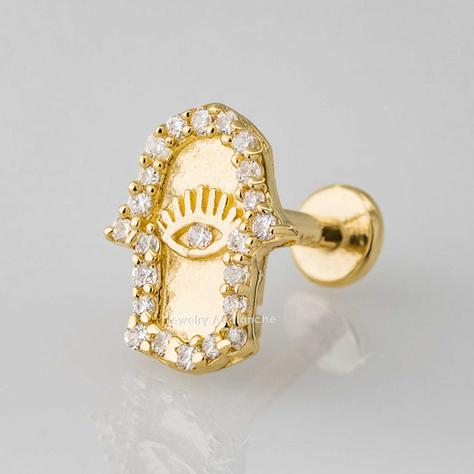 Jewelry Avalanche Solid 14K Gold Hamsa Hand Labret Stud, Helix, Tragus, 8mm Post, Internally Threaded, Flat Back
