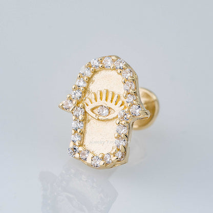 Jewelry Avalanche Solid 14K Gold Hamsa Hand Labret Stud, Helix, Tragus, 8mm Post, Internally Threaded, Flat Back
