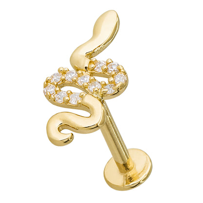 Jewelry Avalanche Solid 14K Gold CZ Snake Labret Stud, Helix, Tragus, 8mm Post, Internally Threaded, Flat Back