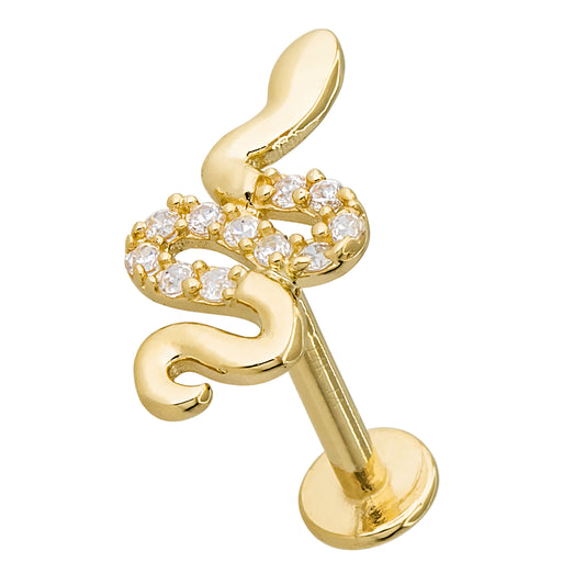 Jewelry Avalanche Solid 14K Gold CZ Snake Labret Stud, Helix, Tragus, 8mm Post, Internally Threaded, Flat Back