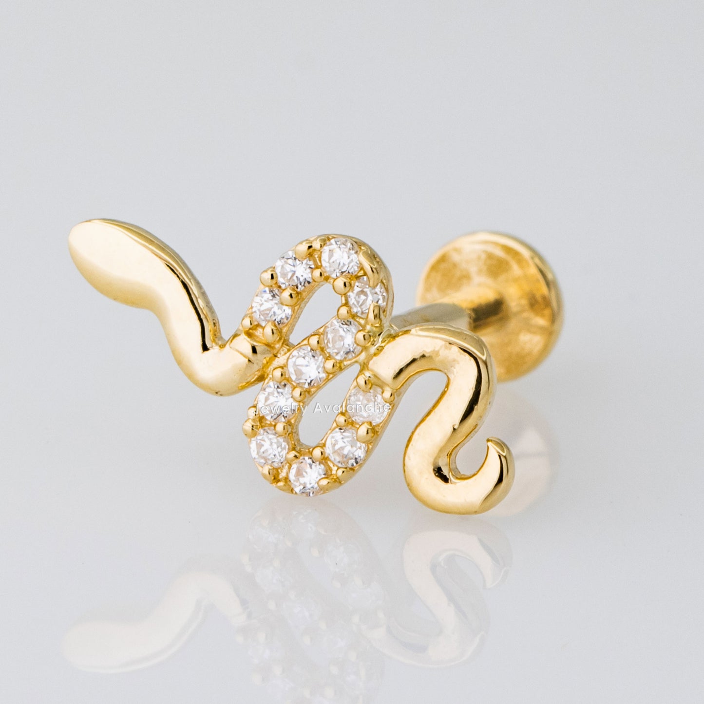 Jewelry Avalanche Solid 14K Gold CZ Snake Labret Stud, Helix, Tragus, 8mm Post, Internally Threaded, Flat Back