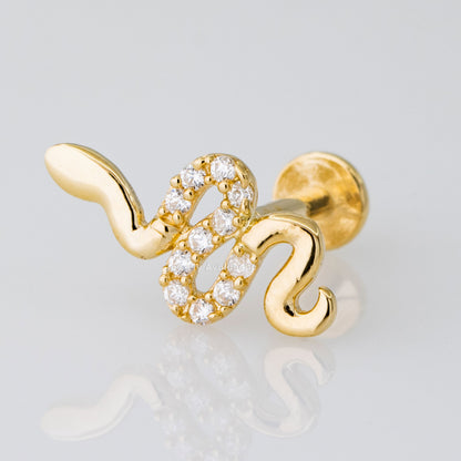 Jewelry Avalanche Solid 14K Gold CZ Snake Labret Stud, Helix, Tragus, 8mm Post, Internally Threaded, Flat Back